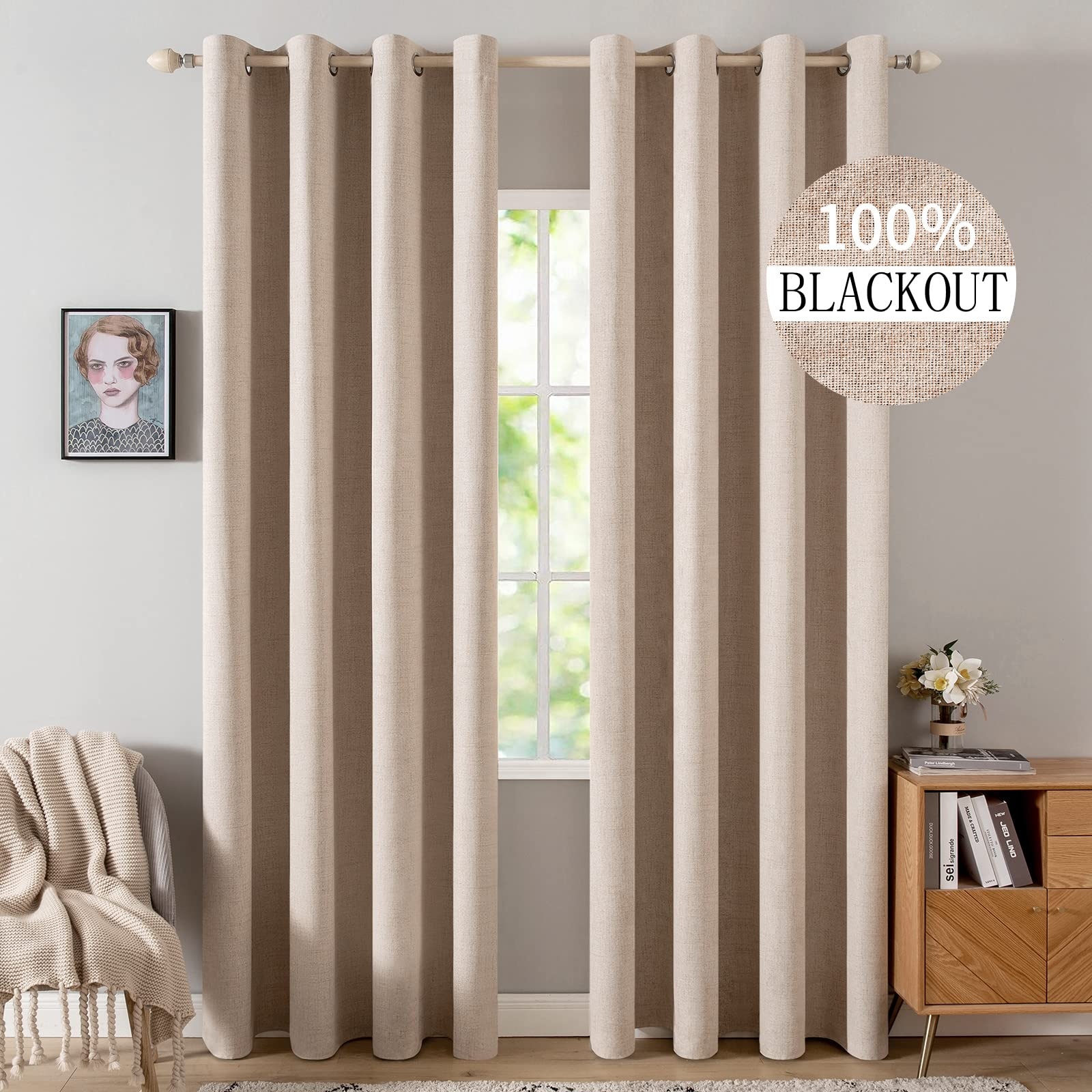100% French Blackout Linen Textured Curtains for Bedroom Thermal Insulated Natural Beige Grommet Room Darkening Curtains