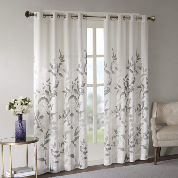 Luxury Leaves Grey Burnout Botanical Print Semi-Sheer Curtains for the Living Room