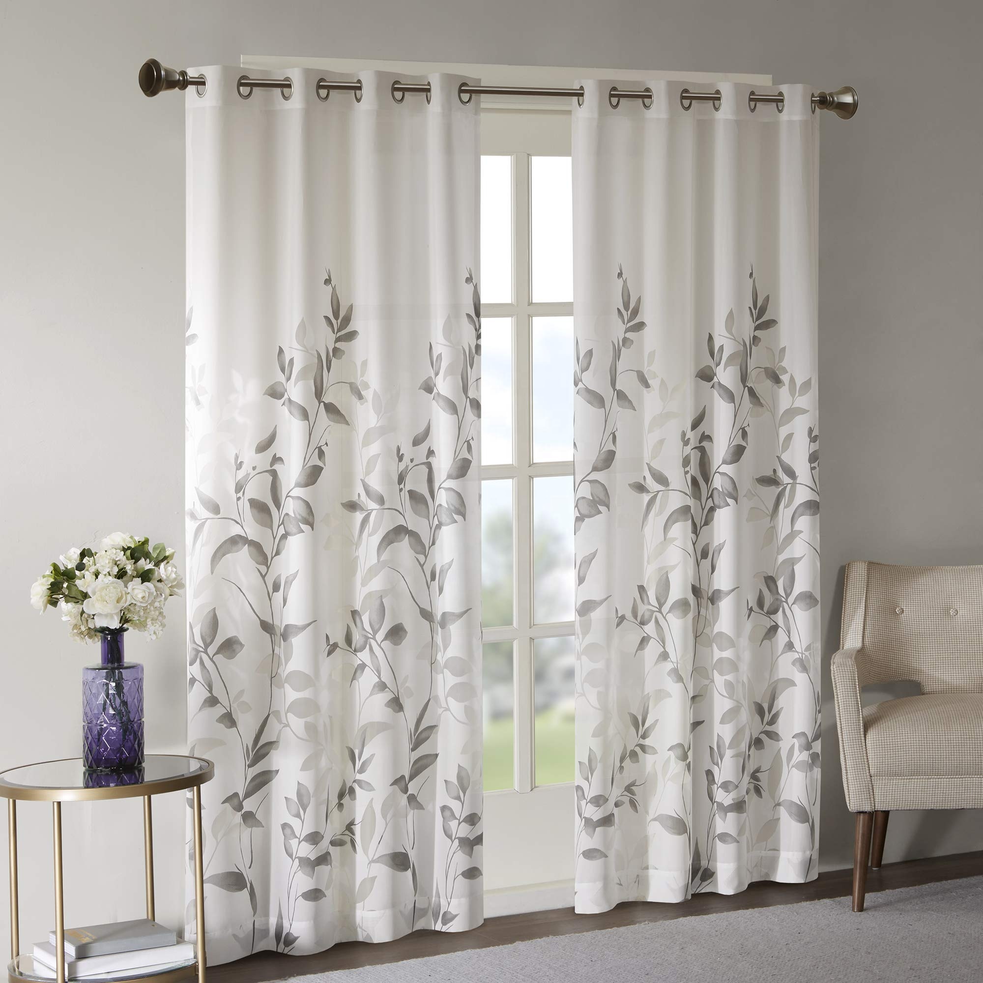 Luxury Leaves Grey Burnout Botanical Print Semi-Sheer Curtains for the Living Room