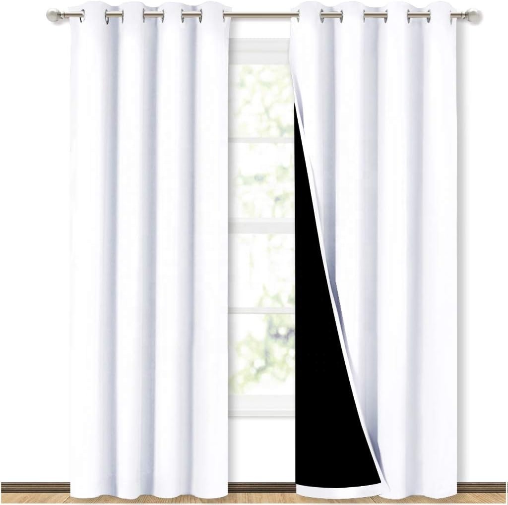 Luxury Thermal & Full-Light Blocking Window Curtains Modern White With Black Lining for Room Blackout