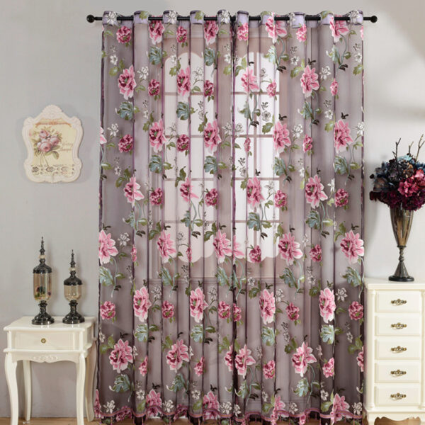 Ready Made Rose Flower Burnout Sheer Voile Curtain Modern Style 100% Polyester All-Season for Bedroom