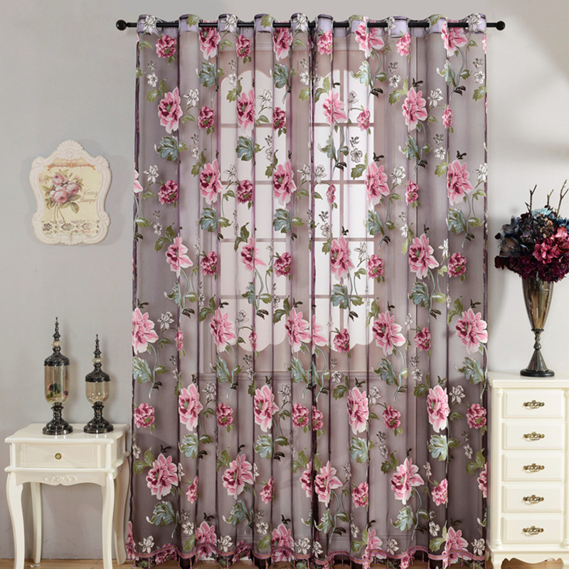 Ready Made Rose Flower Burnout Sheer Voile Curtain Modern Style 100% Polyester All-Season for Bedroom