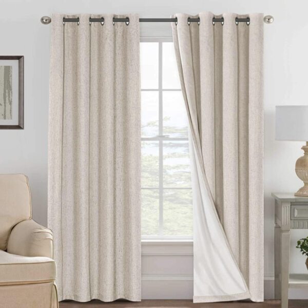 White Lined Curtains with Insulated Textured Linen Look Rust-Resistant Grommets Woven Blackout Curtains for Rooms