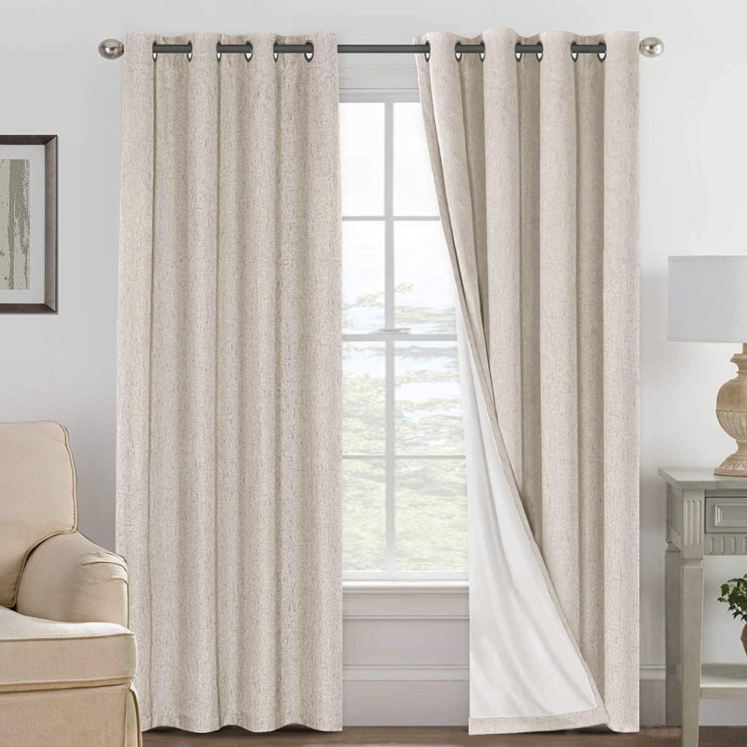 White Lined Curtains with Insulated Textured Linen Look Rust-Resistant Grommets Woven Blackout Curtains for Rooms