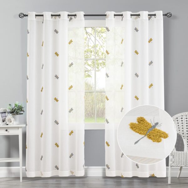 White Sheer Curtain Dragonfly Embroidered Faux Linen Drapes Fabric Grommet Semi Voile Window Curtains