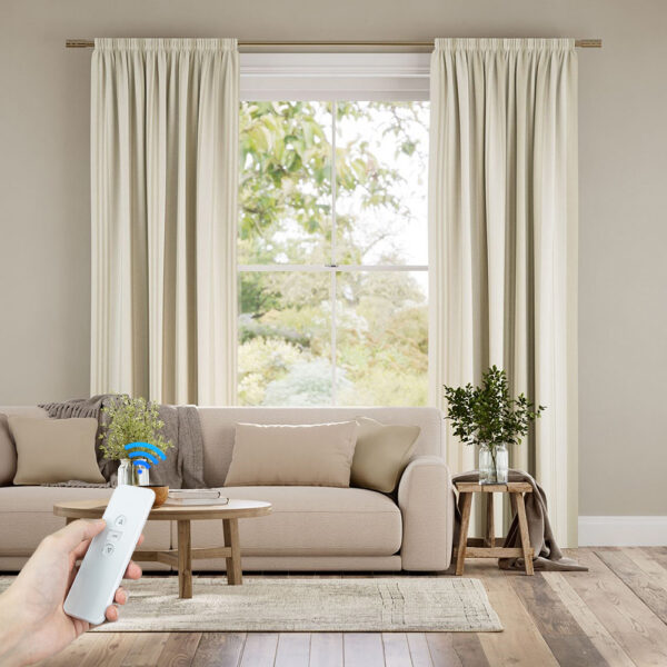 Luxury Blackout Window Curtains Remote Control Pinch Pleated Knitted Blended Drapes for Living Room Blackout Valances