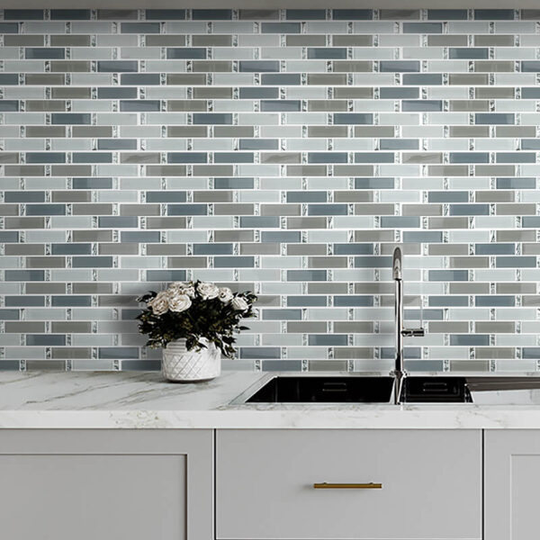 Wholesale Grey Mixed Material Strip Kitchen Wall Crystal Glass Mosaic Tile Modern Design