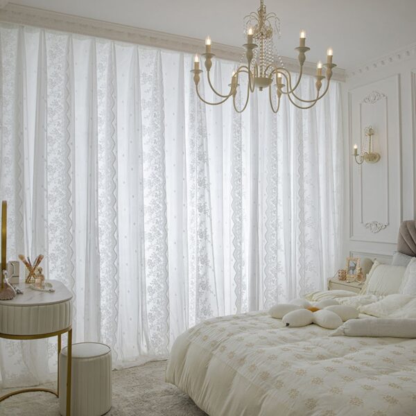 Wholesale White Lined Pinched Pleated Curtains Rod Pocket Drapes Privacy Double Row White Jacquard Lace Curtains for Bedroom